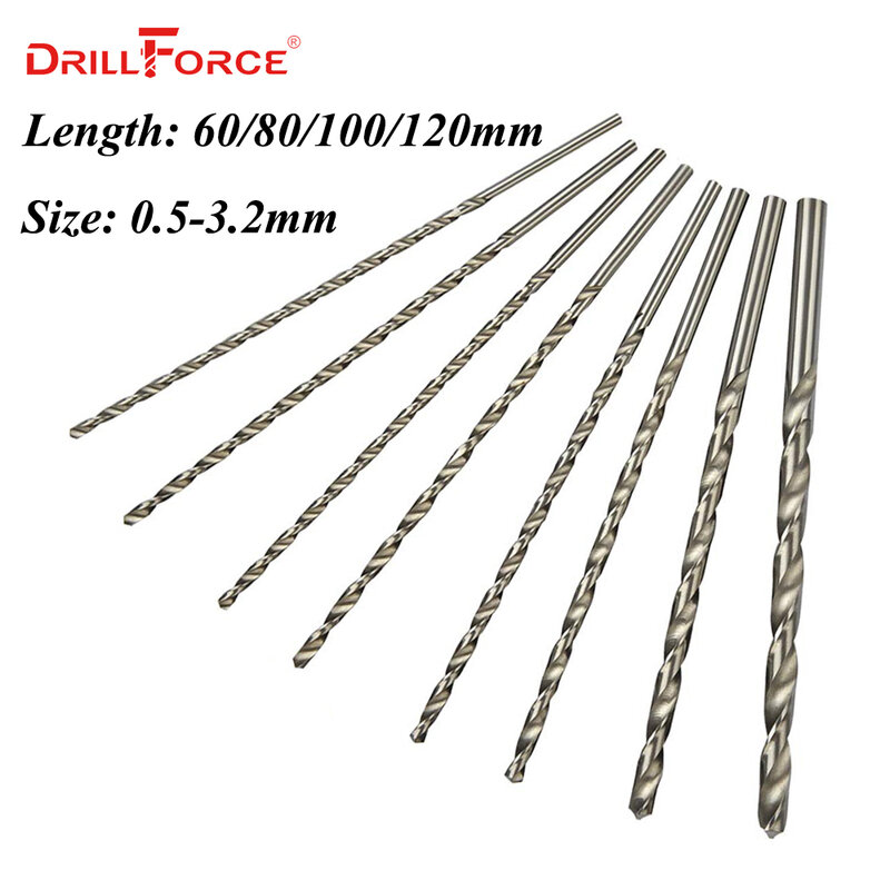 Drillforce-brocas largas de 0,5mm-3,2mm para carpintería, Metal, plástico, HSS, 60/80/100/120mm de longitud, broca helicoidal