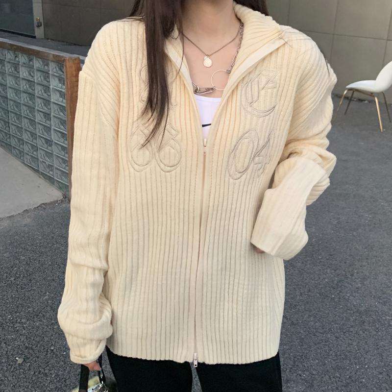Sweater Wanita Pullover Zip-Up Kardigan Longgar Lengan Panjang Pakaian Rajutan Chic Korea Pakaian Luar Bordir Huruf Atasan Y2k Besar
