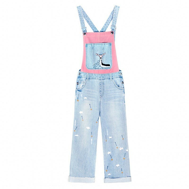 Summer Preppy Style Sleeveless Suspender Womens Denim Jumpsuits Lovely Embroidery Ankle Length Loose Pants Plus Size Streetwear