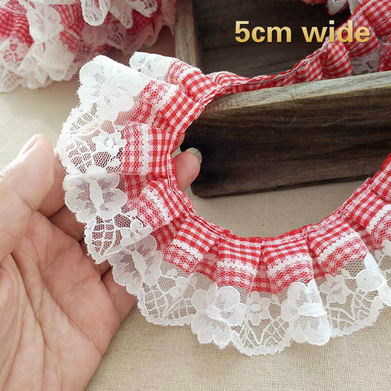 Trend Double Mesh Embroidered Red Plaid Wrinkle Lace Ribbon DIY Doll Baby Tutu Make Clothes Neckline Cuffs Puff Trim Accessories