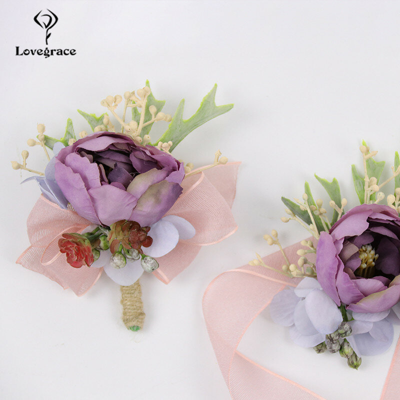 Lovegrace-Flor de rosa de seda Artificial para boda, brazalete de ramillete de muñeca para damas de honor, Boutonniere