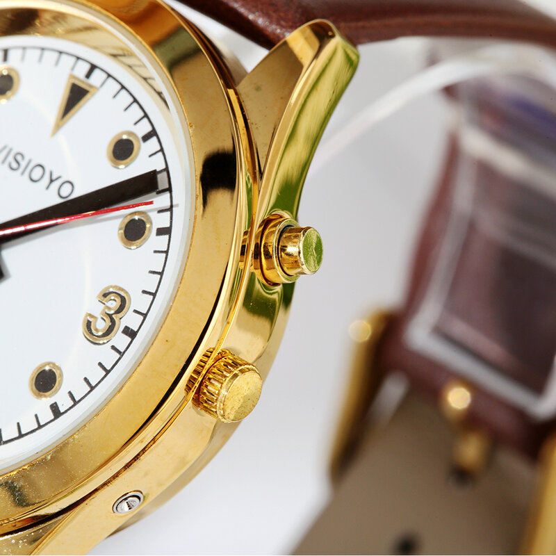 Voce francese orologio con funzione di allarme, data di chiamata e il tempo, quadrante bianco, cintura marrone, cassa in oro TAG-202