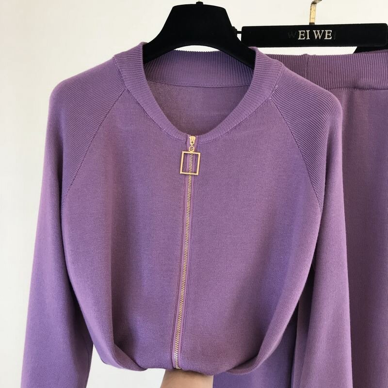 Conjunto de 3 piezas de punto para mujer, chaqueta con cremallera, pantalón lápiz y camisola, color púrpura, negro y caqui