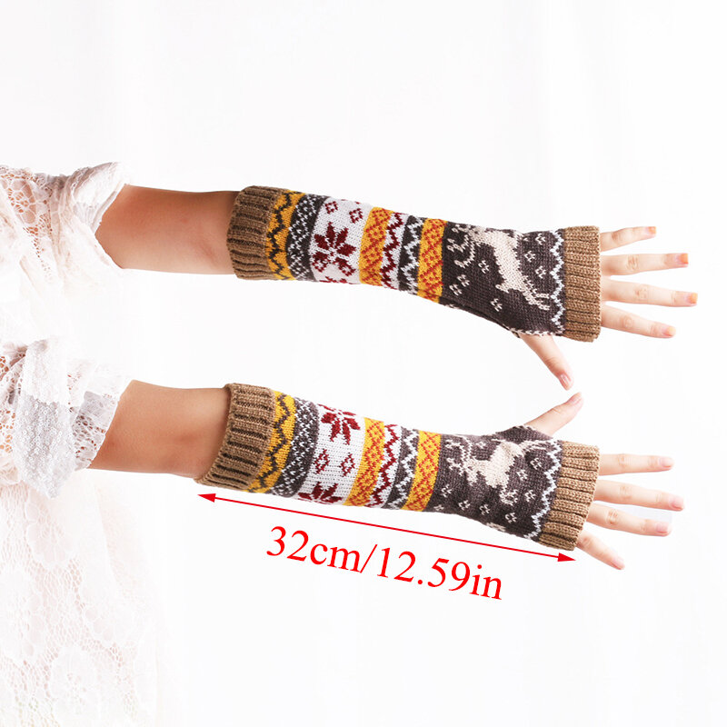 Moda damska ocieplacze na ręce zimowe rękawiczki bez palców dzianinowe rękawiczki 32cm długie rękawiczki Guantes Casual Deer/Snowflake na rękawiczki damskie