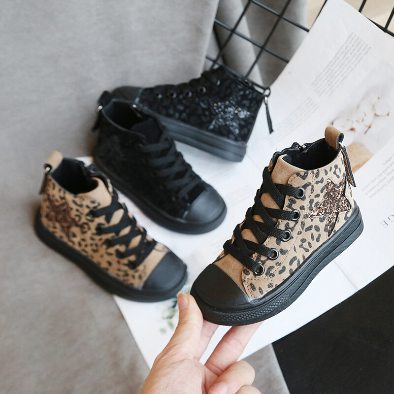 Niños zapatos Casual moda leopardo lentejuelas estrella zapatillas para bebés niños High Top niños zapatos de lona niñas zapatillas primavera otoño nuevo