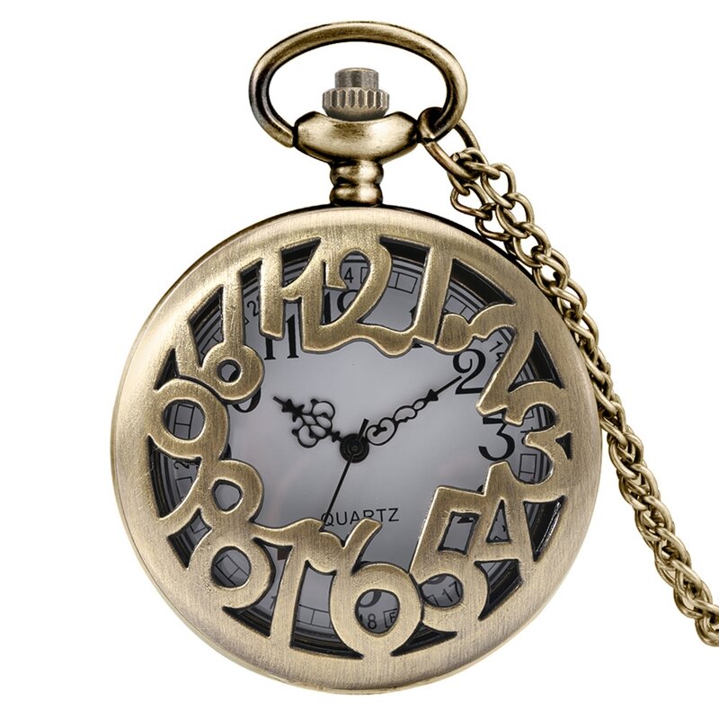 Collier pendentif numérique creux en Bronze blanc, Design créatif, rétro, irrégulier, chiffres arabes, montre de poche à Quartz, chaîne d'horloge FOB
