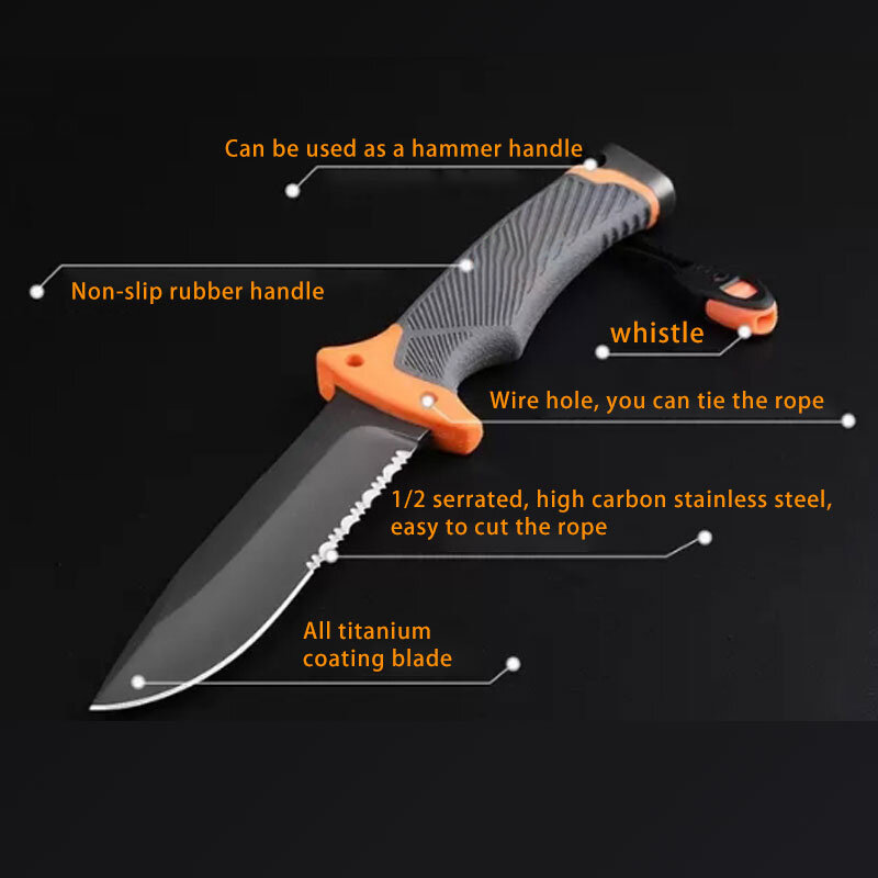 Cuchillo de caza de hoja fija afilada, titanio gris, cuchillo táctico de supervivencia para acampar, paracaidistas de buceo, medio bolsillo de dientes + funda de ABS