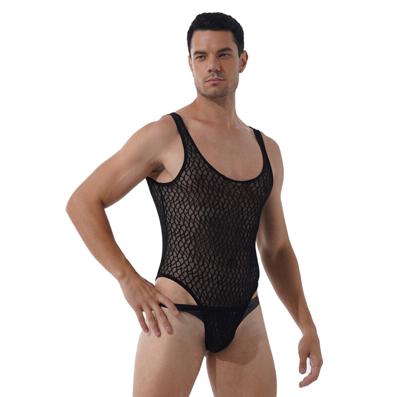 Malha respirável masculina sexy lazer bodysuits moda sem mangas bib calças confortável homewear triângulo fishnet macacão