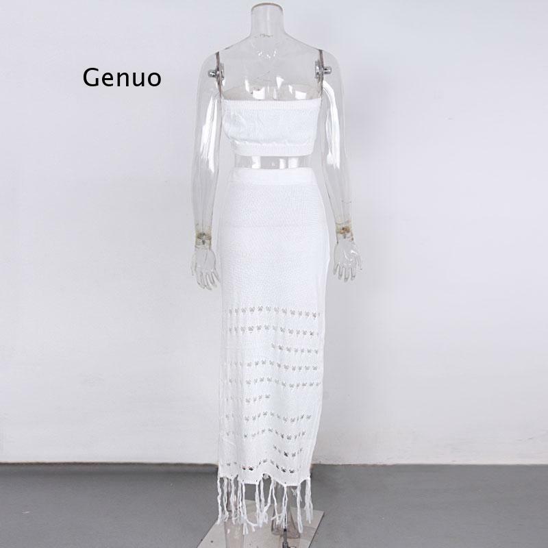 Gaun Maxi Crochet untuk Wanita Set Rok Belah Sisi Atas Crop 2 Potong Pakaian Pantai Gaun Panjang
