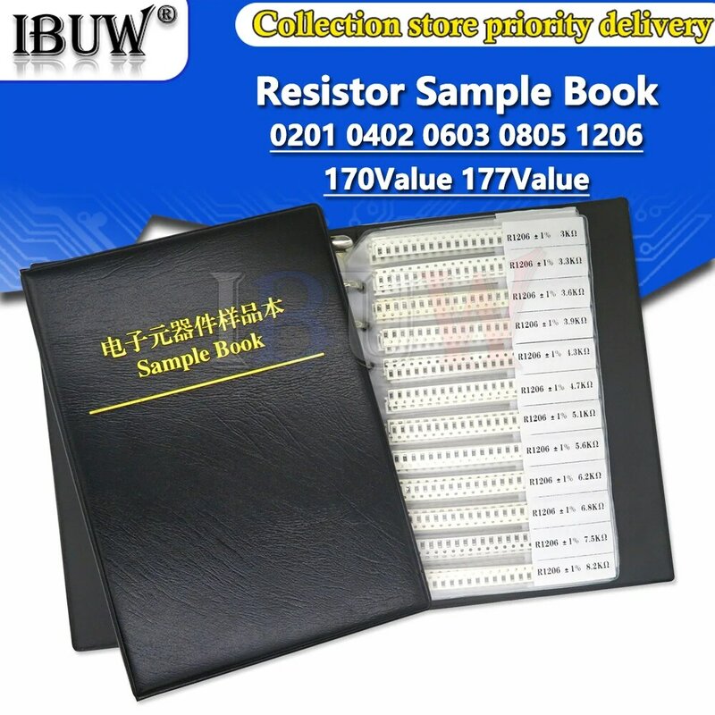 Livro da amostra do resistor ibuw 1% SMD Assorted Kit, livro em branco, 4250pcs, 8500pcs, 8850pcs, 0201, 0402, 0603, 0805, 1206, 10K, 100K, 1K, 1R, 100R