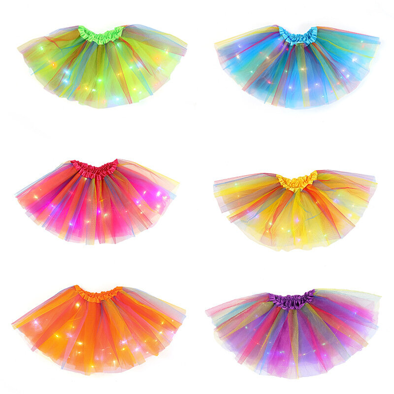 LED Glowing Light Girls Skirts Ballet Dance Rainbow Tulle Skirt Short Tutu Ballet Dancewear Party Costume Ball Gown Mini skirt