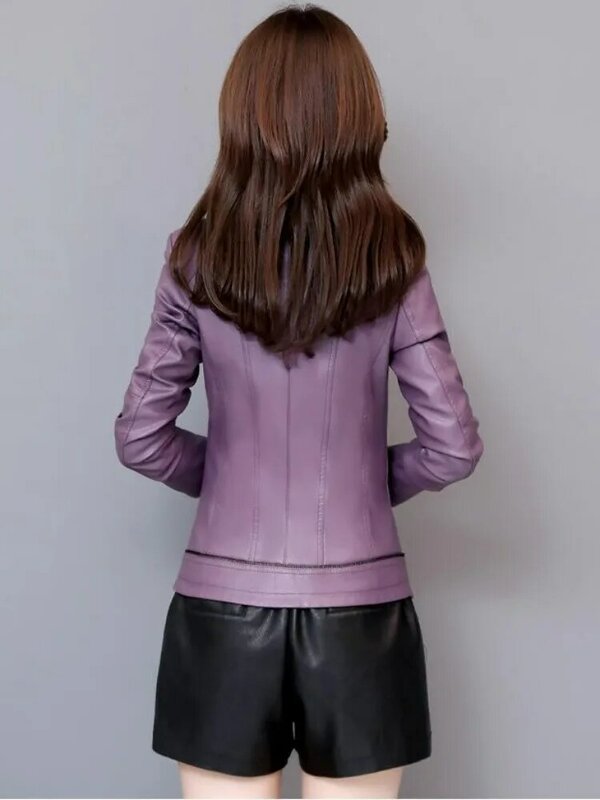 Jaket Kulit Wanita Ritsleting Musim Semi Musim Gugur Baru Jaket Kulit Wanita Mandarin Kerah Motor Biker Mantel Kulit Domba Perempuan Kebesaran