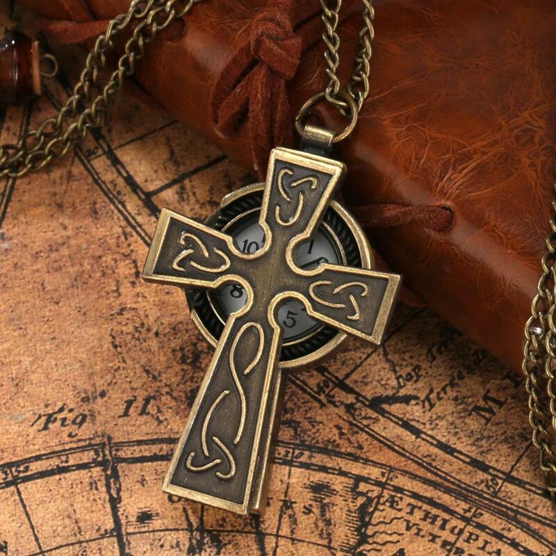 Montre de poche à quartz en forme de croix pour hommes et femmes, rétro, bronze antique, design, priez, collier, pendentif religieux, cadeaux
