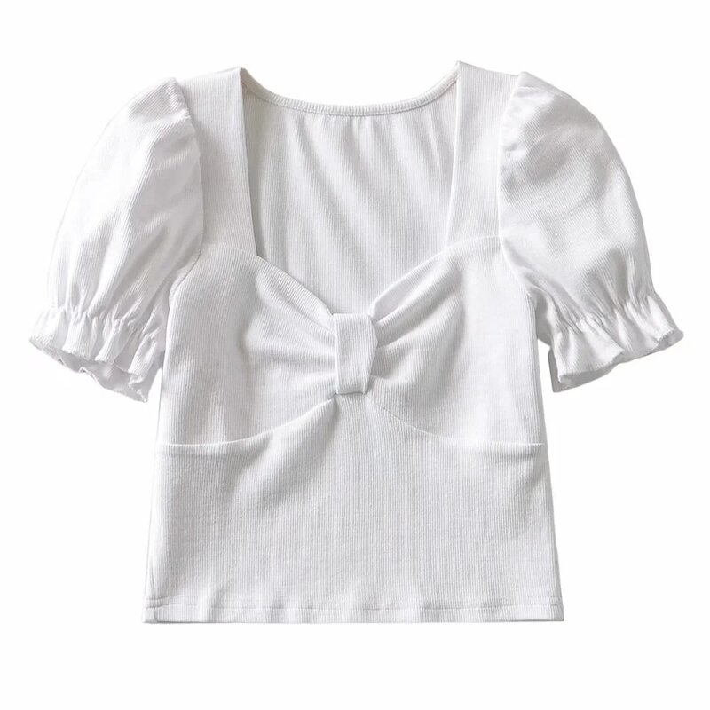 She'sModa Vintage Knitted French Style Square Collar Women's Top Tee Short Puff Sleeves