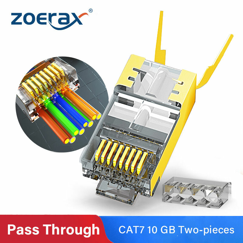 Conectores de passagem banhados a ouro ZoeRax, Plugue Modular de Rede, FTP STP blindado, RJ45, Cat8, Cat7, Cat6A, 8P8C, 50UM, 1,5mm