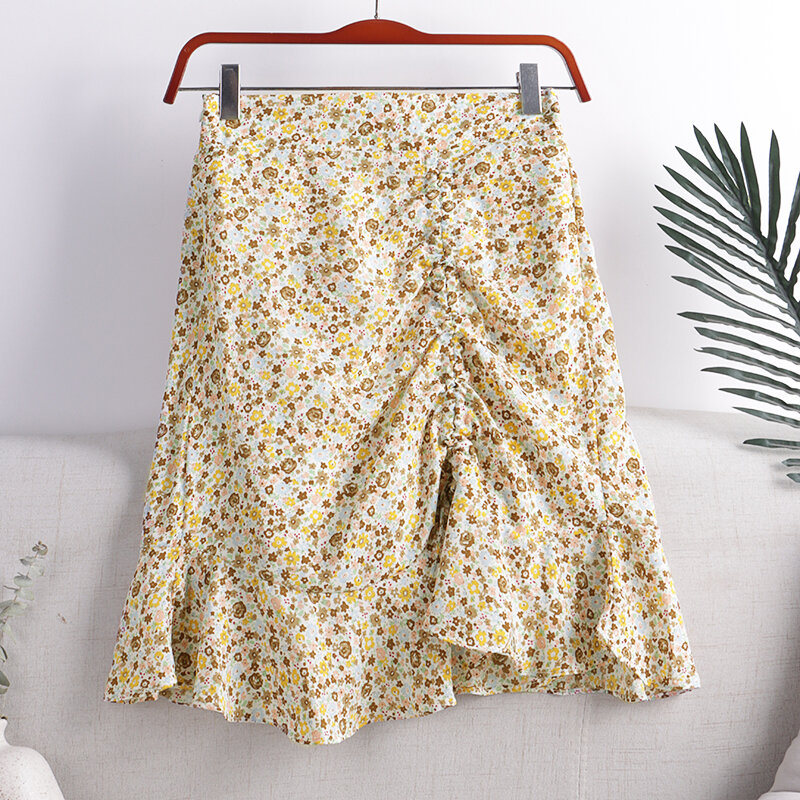 Mini saia de chiffon com estampa floral, saia curta de verão feminina de cintura alta ds195