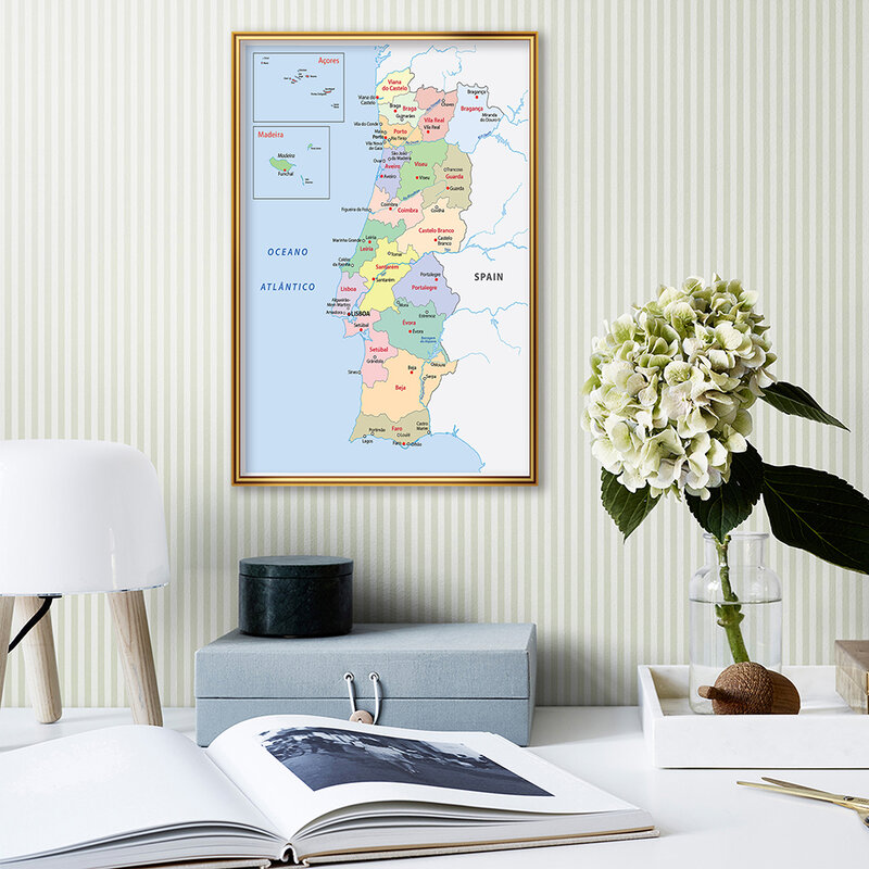 Póster de arte de pared de mapa política de Portugal, pintura en lienzo, suministros escolares, decoración del hogar de la sala de estar, 42x59cm