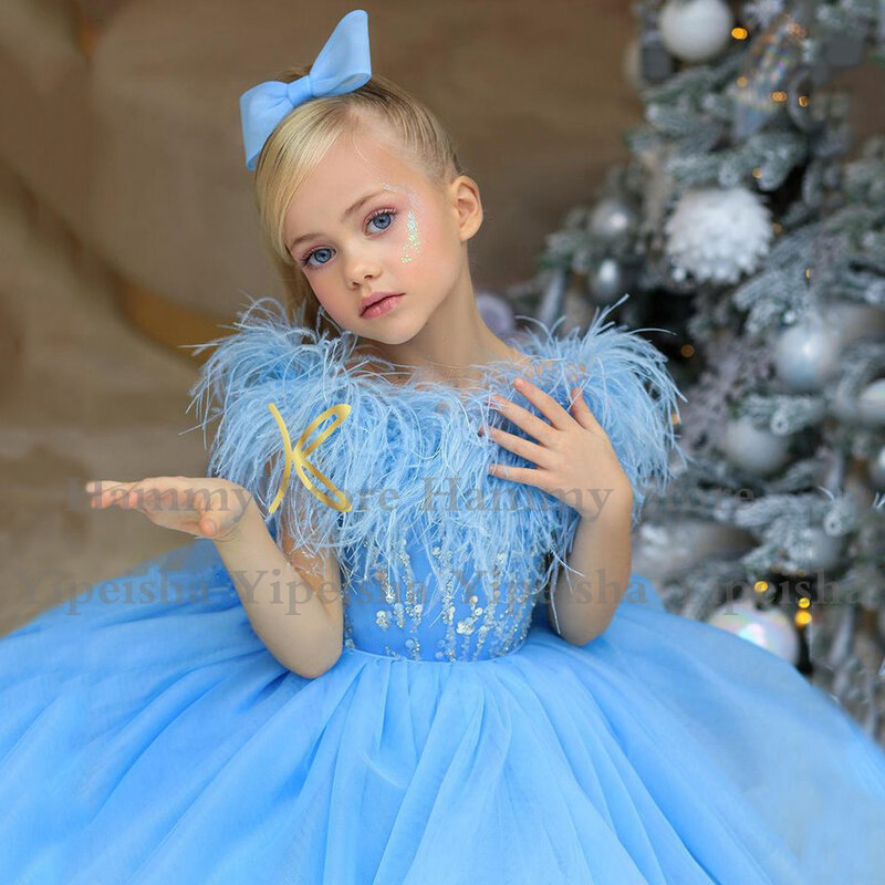 Небесно-голубое Цветочное платье для девочки с перьями, бусинами, блестками, Детские вечерние платья, бальное платье, нарядное платье на Рождество