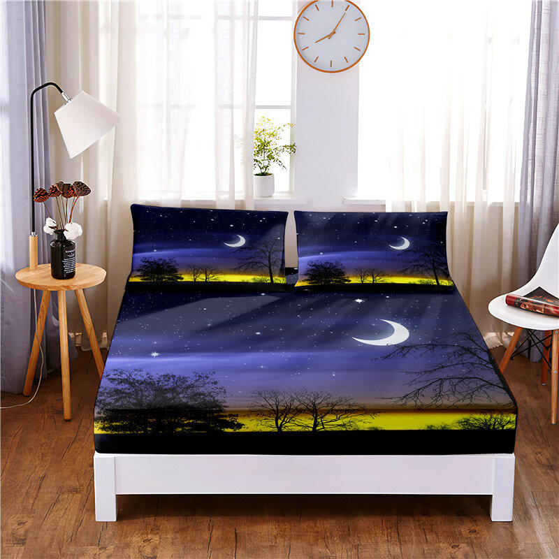 Moon Sky พิมพ์ดิจิตอล3Pc โพลีเอสเตอร์ติดตั้งแผ่นผ้าคลุมฟูกสี่มุมผ้าปูที่นอนผ้าปูที่นอนปลอกหมอน