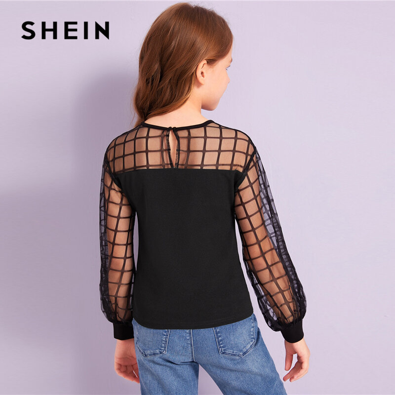 SHEIN Kiddie Black Grid Contrast Mesh Shoulder Casual Blouse Kids Tops 2019 Autumn Long Sleeve Button Back Blouses For Teenagers