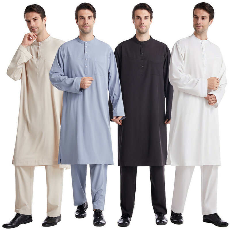 Men Jubba Thobe Muslim Two Pieces Set For Male Pakistan Dubai Saudi Abaya Prayer Islamic Clothing Worship Suit Arabic Ramadan