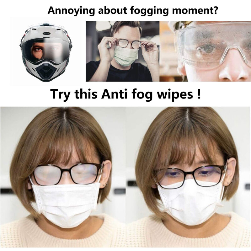 50Packs Reusable Anti-Fog Cloth Eyeglass Wipes Glasses Pre-moistened Antifog Lens Defogger Wipe Prevent Fogging for Eye Glasses