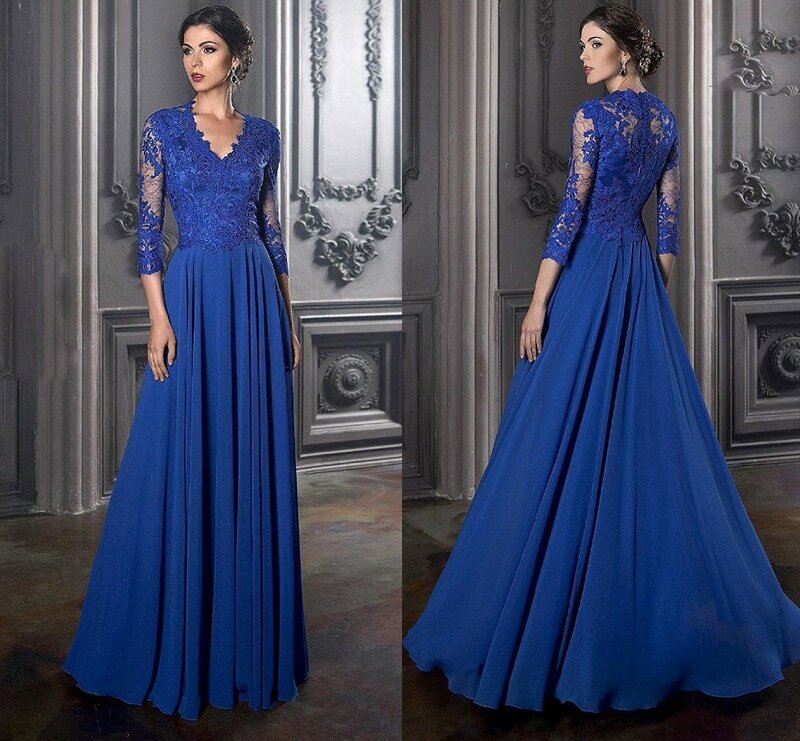 Elegant Royal Blue Mother of the Bride Dresses Long Sleeves Lace Chiffon Groom Mother Dress A Line Wedding Party Guest Gowns
