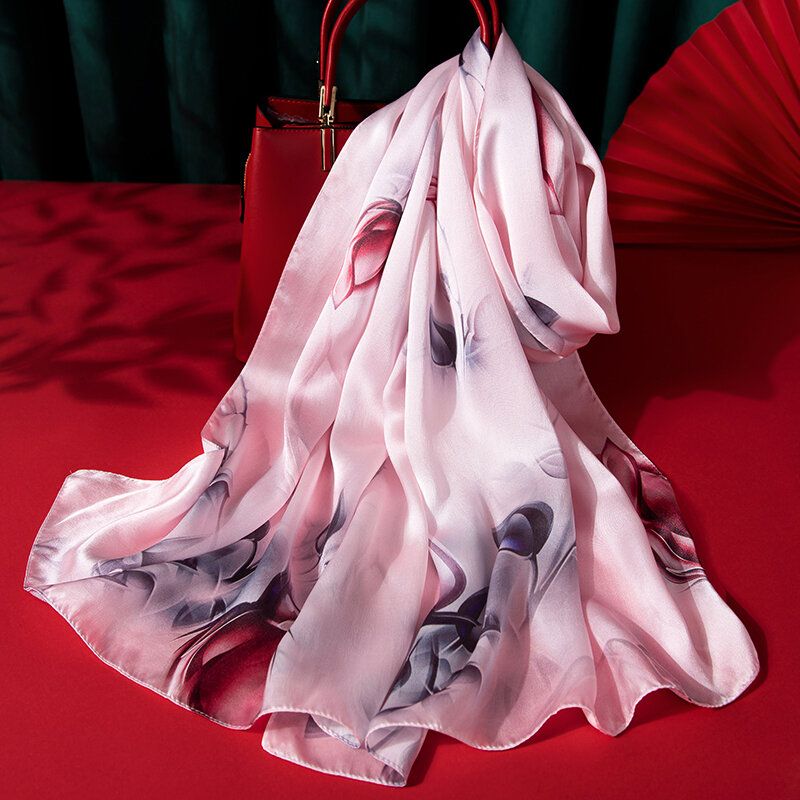 Foulard en soie 100% véritable pour Femme, écharpe imprimée de feuille de Lotus, quatre saisons, Bufanda Mujer Hangzhou, en soie naturelle, nouveauté