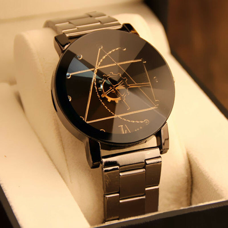 Relógio masculino e feminino, relógio em aço inoxidável com ponteiro triangular, bússola, segunda mão