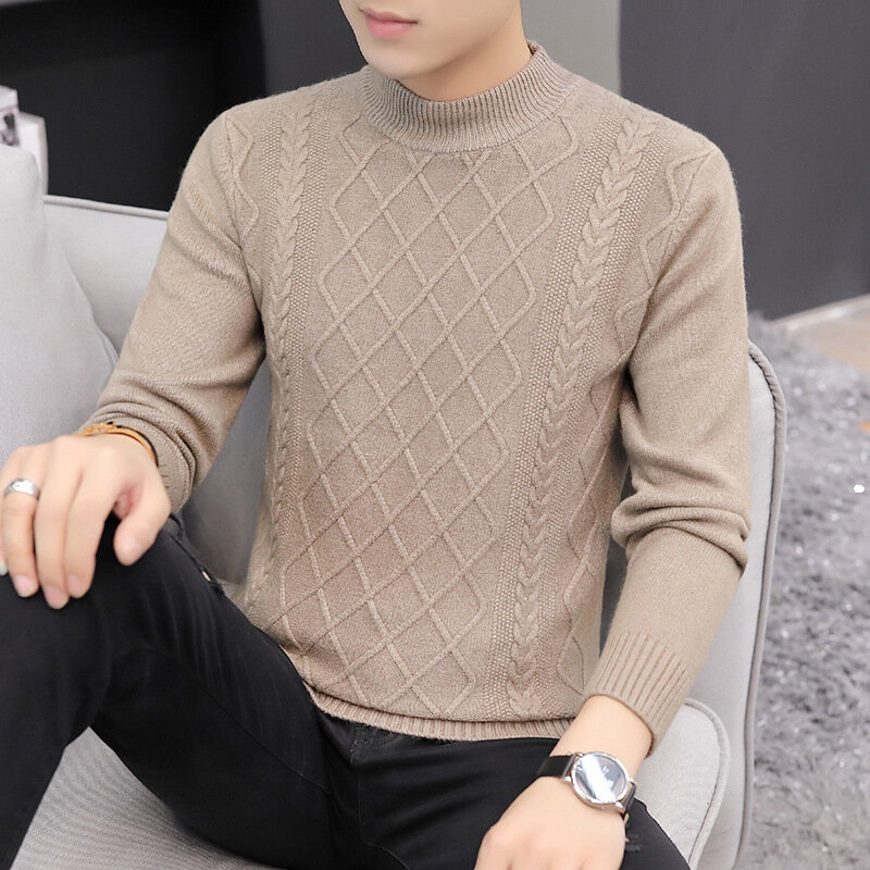 Camisola estilosa de outono e inverno para homens, estilo coreano, slim fit, gola redonda, jacquard bonito, suéter casual masculino