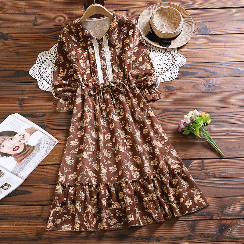 Mori girl corduroy cute floral dress new autumn fashion flare sleeve women sweet vestidos