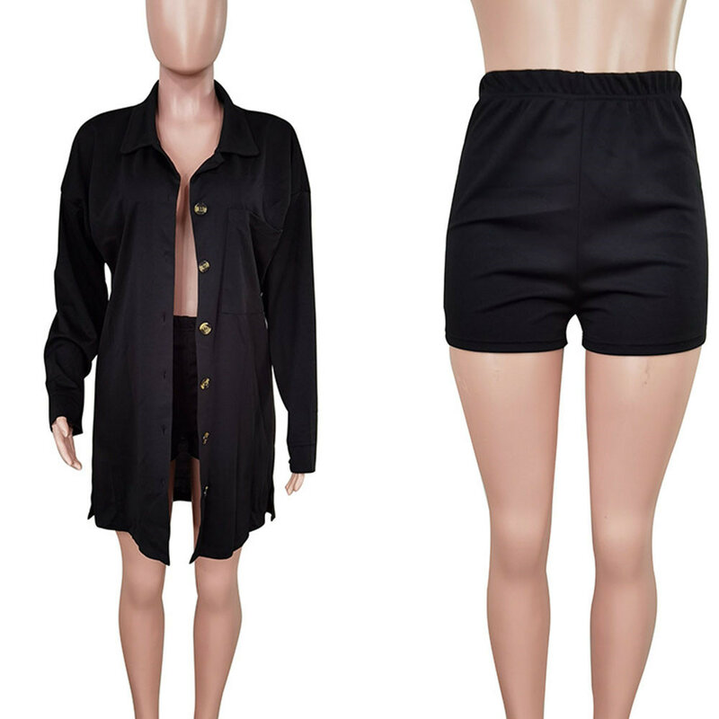 Conjunto de roupa feminina com 2 peças, moda de rua, casual, casaco longo com shorts e bermuda, sexy, conjunto com duas peças