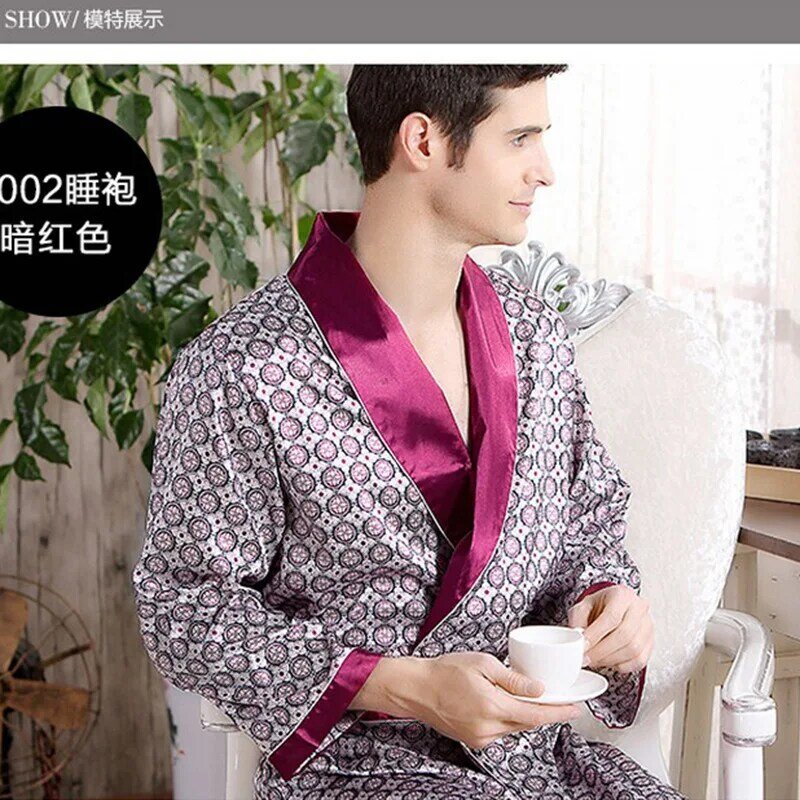 ผู้ชาย Robe ชุดนอน Nightgown ซาติน Kimono เสื้อคลุมอาบน้ำชุดลำลองชุดนอน Plus ขนาด3XL 4XL 5XL พิมพ์หน้าแรก Dressing Gown