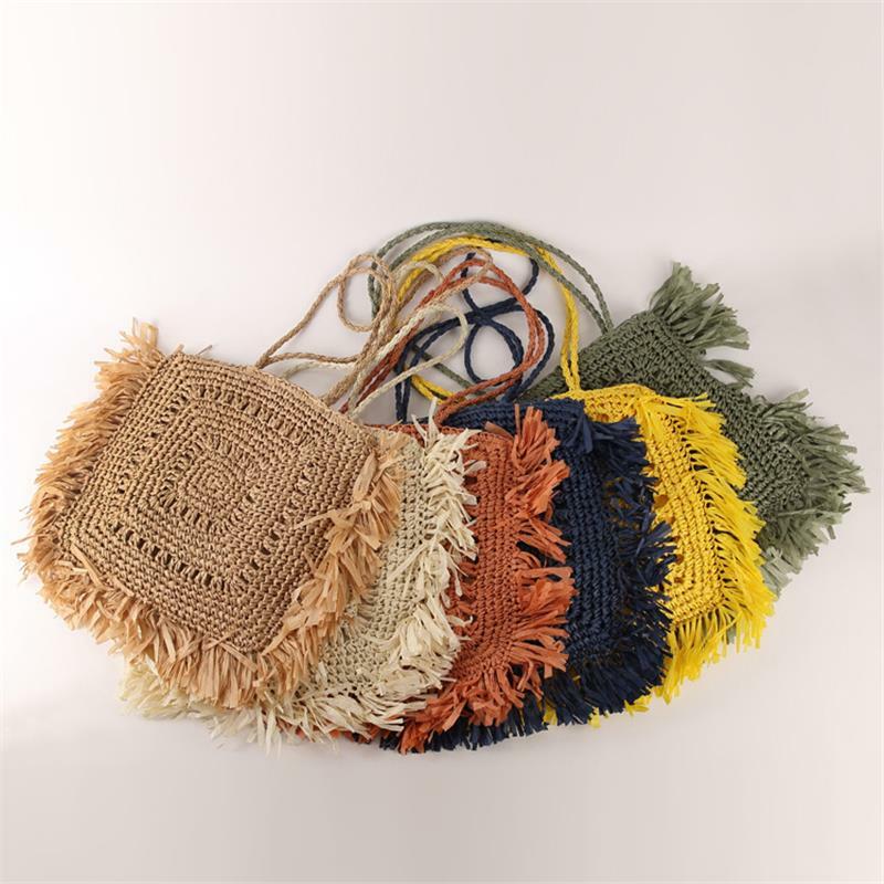Bolso de paja tejido a mano para mujer, bolsa de playa con borla de gran capacidad, estilo día, 35x35CM, 2020, a7308