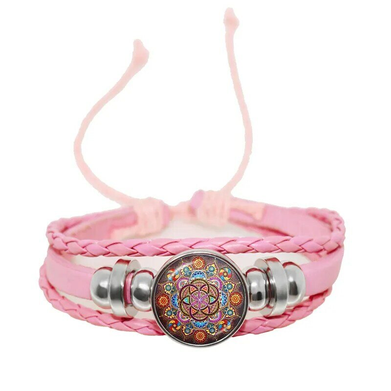 Charm Henna Yoga Jewelry Om Symbol Buddhism Zen Colorful Mandala Flower Adjutable Pink Leather Button Bracelet for Women Gift