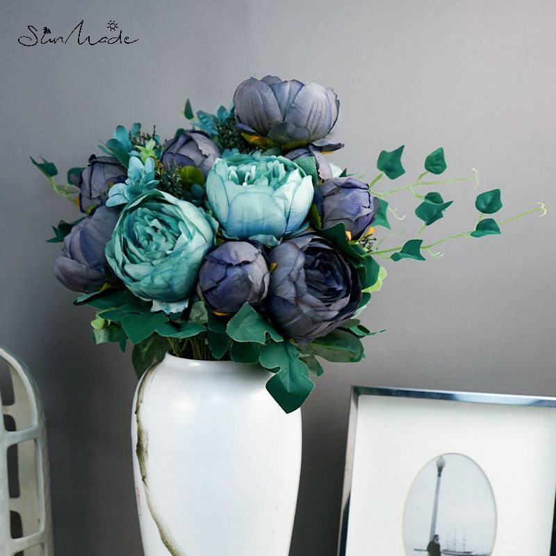 Sunmade 12-head luxo europeu grande peônia bouquet queda decorações vasos de flores decorativos flores artificiais
