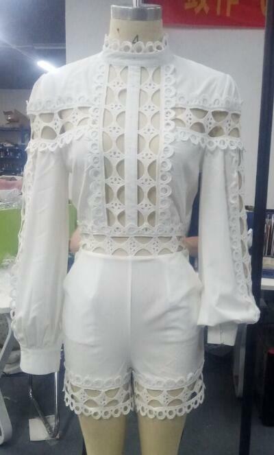 Lace Patchwork Long Sleeve Hollow Out Playsuits White Black Women Regular Rompers