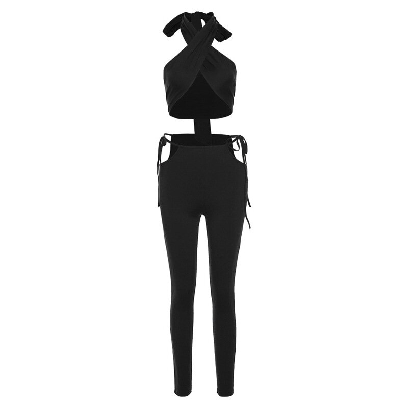 YAPU Bandage Criss Cross Solid Matching Set Women 2021 Backless Club Crop Top And Pants Two Piece Sets Ruched Sexy Hot Outfits