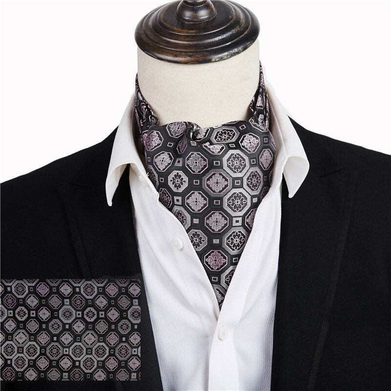 Ikpeibao luxo masculino roxo verificado Cravat, ponto de seda floral Paisley Ascot, auto cavalheiro britânico, gravata de lenço de poliéster, atacado