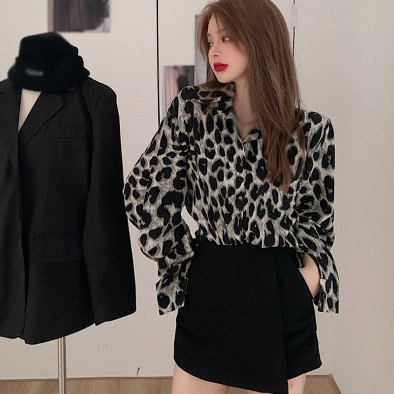 Chemise mi-longue ample à manches longues pour femmes, imprimé léopard, rétro, saveur de Hong Kong, automne, printemps
