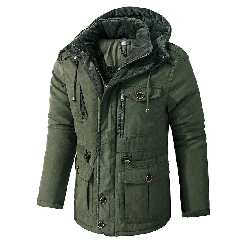 Мужская зимняя куртка с капюшоном из плотного флиса, хлопковая парка, куртка-карго со съемным капюшоном, верхняя одежда, пальто, Мужская свободная парка в стиле милитари