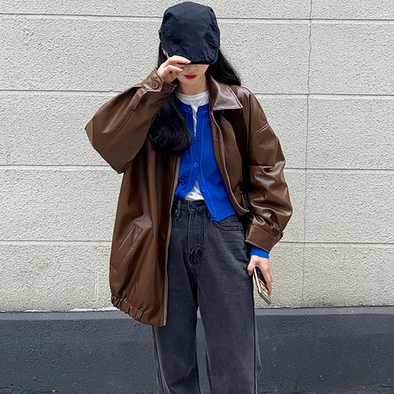 Koreańska czarna skórzana kurtka damska zimowa długa damska motocyklistka kurtka z zamkiem Streetwear Harajuku Y2K luźny płaszcz damski 2023