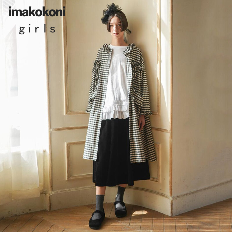 Imakokoni casaco xadrez preto e branco, design original, casual, manga comprida, médio comprimento feminino c