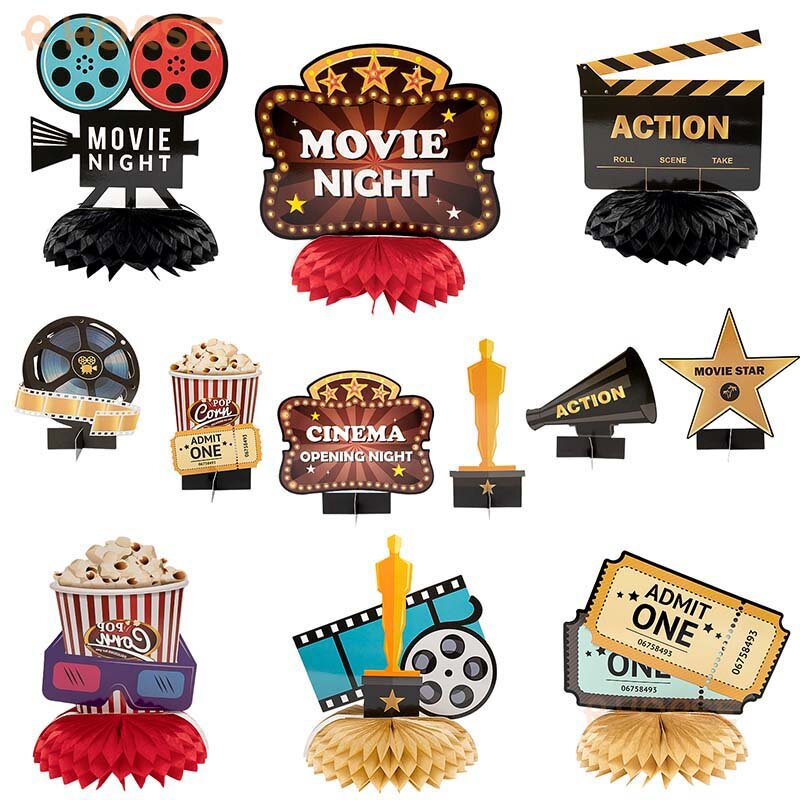 12Pcs Movie Night Honeycomb Balls centrotavola forniture per feste di compleanno Scene Note board Popcorn Table Topper Retro Bar Film