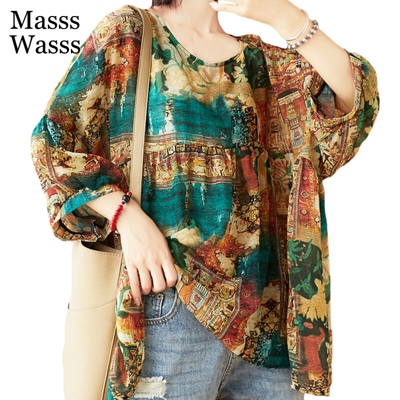 Женские винтажные блузки Masss Wasss, летняя дизайнерская рубашка в богемном стиле с принтом, повседневные свободные топы с рукавами-фонариками для девушек, 2021