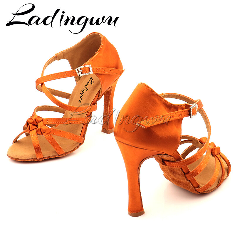 Ladingwu Bronze Silk Satin Latin Dance Shoes Olassic Four-band Knot Salsa Dance Shoes Ballroom Tango Dance Shoes