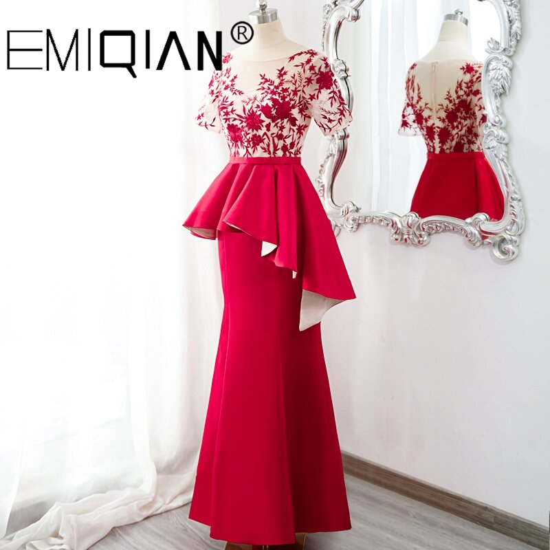 Gaun Malam Warna Kontras Setengah Lengan, Gaun Wanita Formal Putri Duyung Bordir Merah Anggur