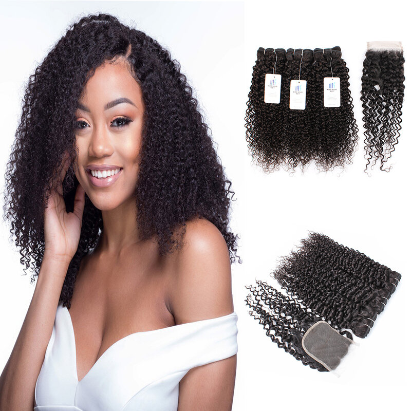 Jerry Curly 3 Bundles With 4*4 Lace Closure 300g/Lot Natural Color Brazilian Human Hair Remy Double Weft Bouncy Hair Extension