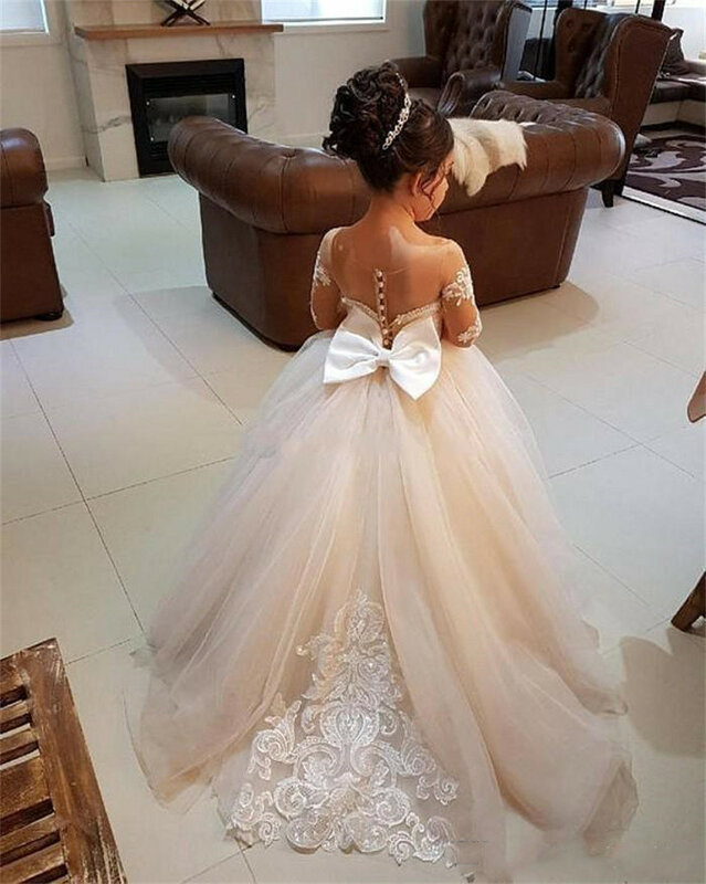 Śliczna suknia balowa łuk z powrotem kwiat dziewczyna sukienki na ślub aplikacje z długim rękawem księżniczka tiulowa dziewczyna uroczysta sukienka Vestido