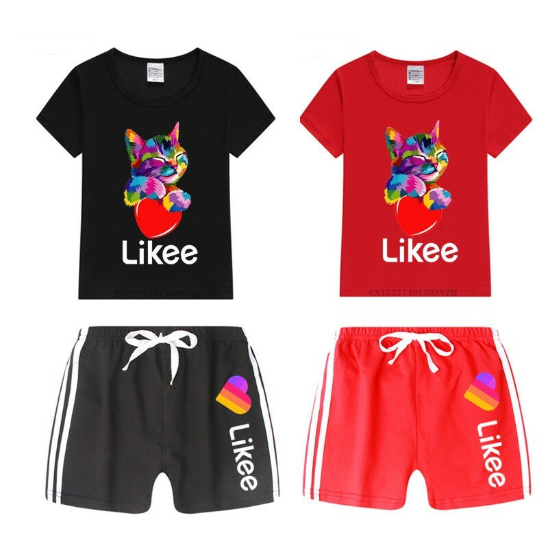소년과 소녀 Likee 인쇄 재미 있은 만화 T 셔츠 아이의 반바지 세트 어린이 탑스 + 바지 의상 세트 고양이 의류 세트, 드롭 선박